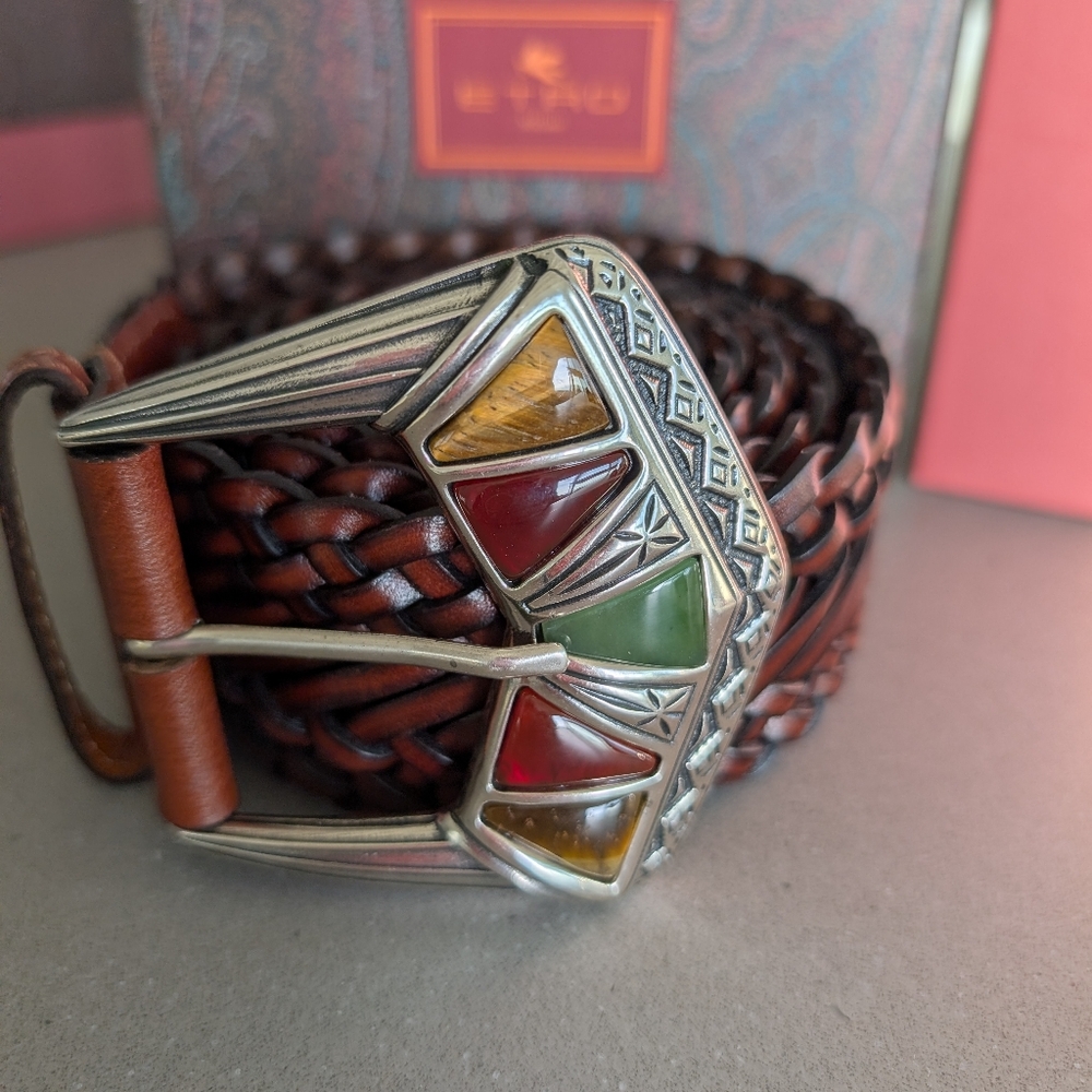Etro Brown Leather Belt with Multicolor Gem Buckle